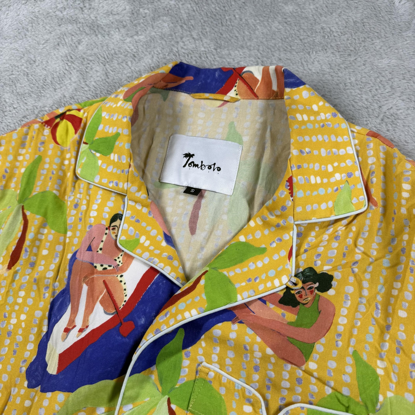 Tombolo Shirt Mens S Yellow Loop Collar Beach Pinup Camp Hawaiian Tropical AOP