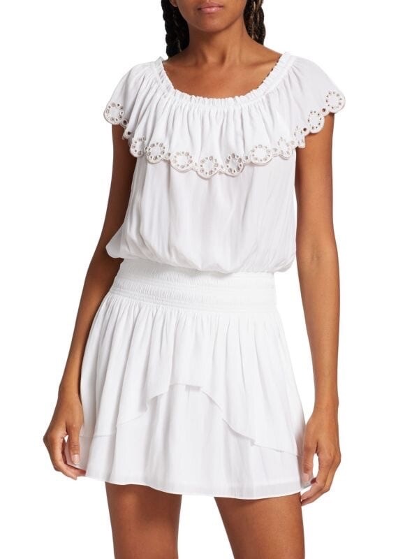 Ramy Brook Cynthia Off The Shoulder Mini Dress L White Ruffle Tier Beaded Eyelet