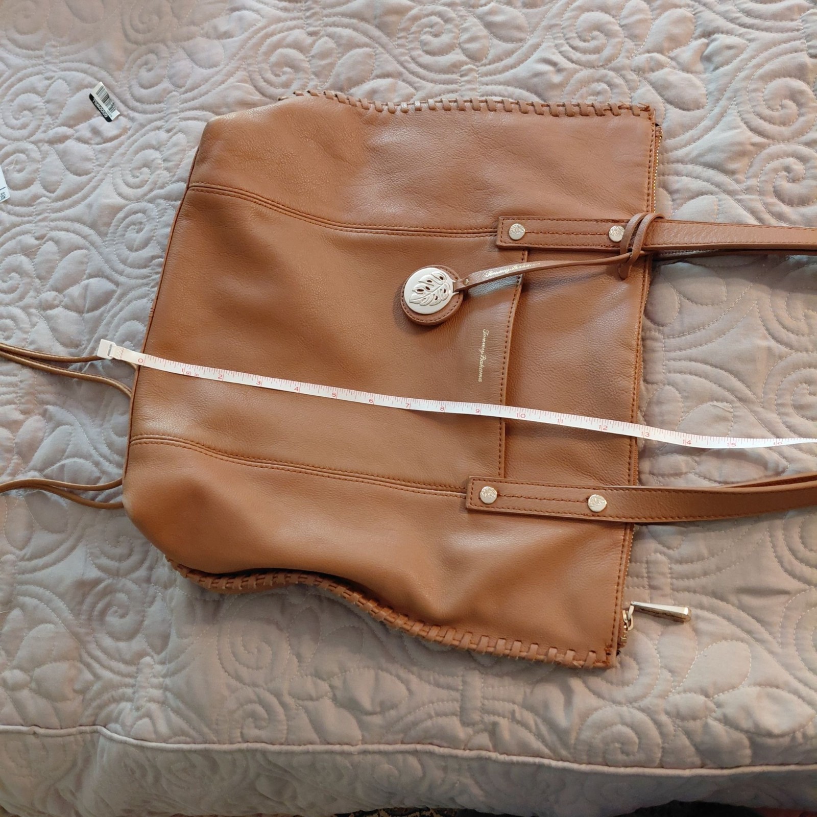 Tommy Bahama big leather bag accent stitching logo hangtag
