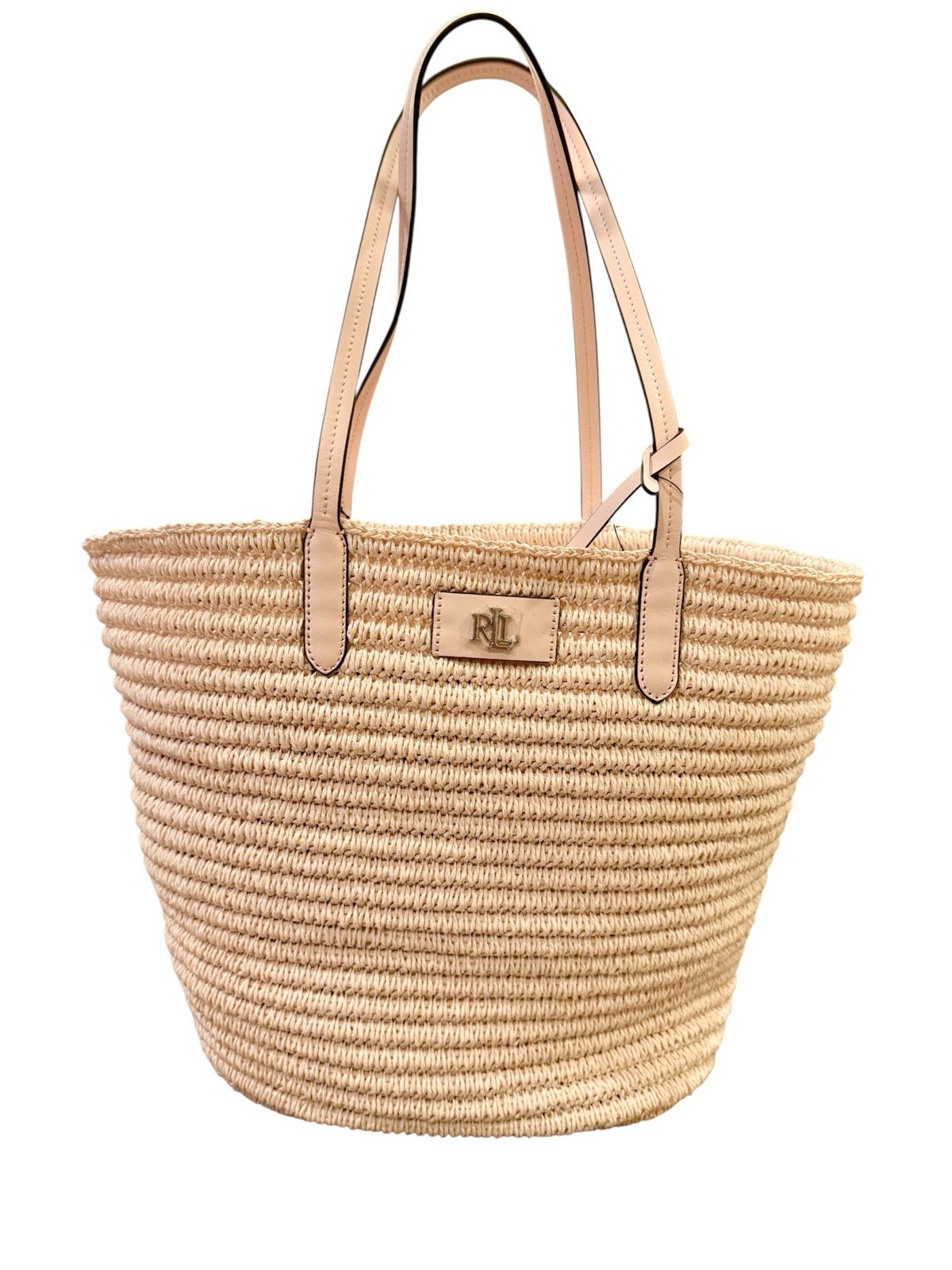 Lauren Ralph Lauren Pink Opal Leather Trim Straw Large Brie Tote Bag NWT $250