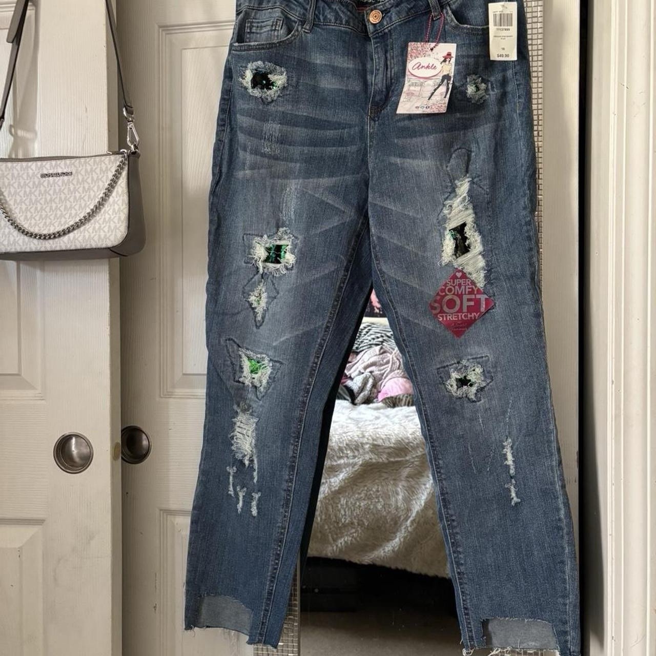 Almost Famous Women’s 16 Mid Rise Skinny Ankle Medium Wash Distressed Jeans