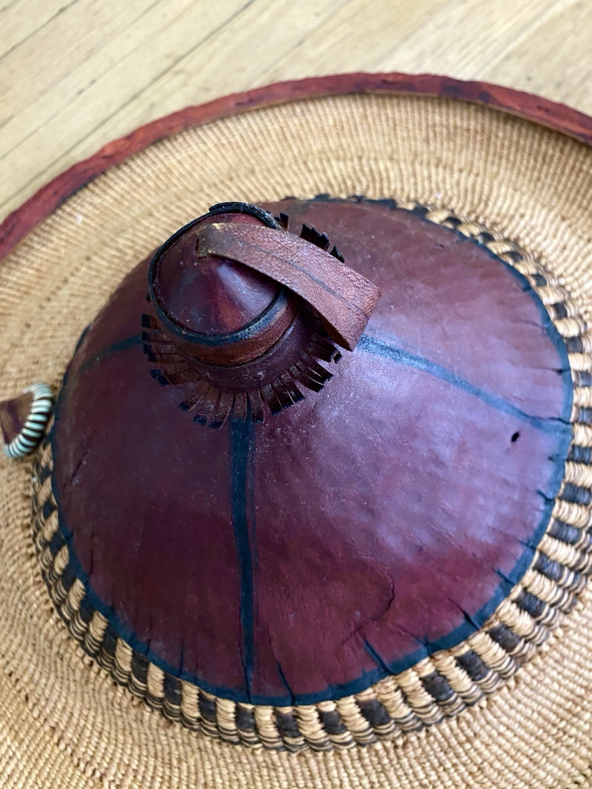 Antique African Ghanaian Hat ~ Traditional Conical Woven Straw & Leather ~19in