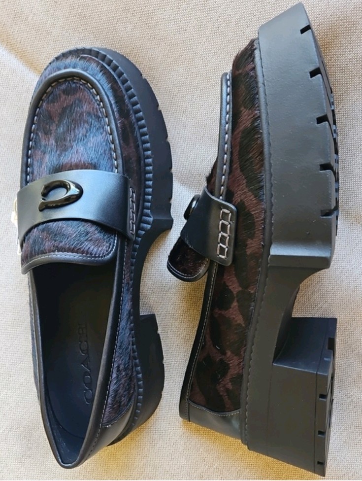 COACH Leah Chunky Platform Loafer Calf-hair Brown & Black Leopard Print Size 7.5