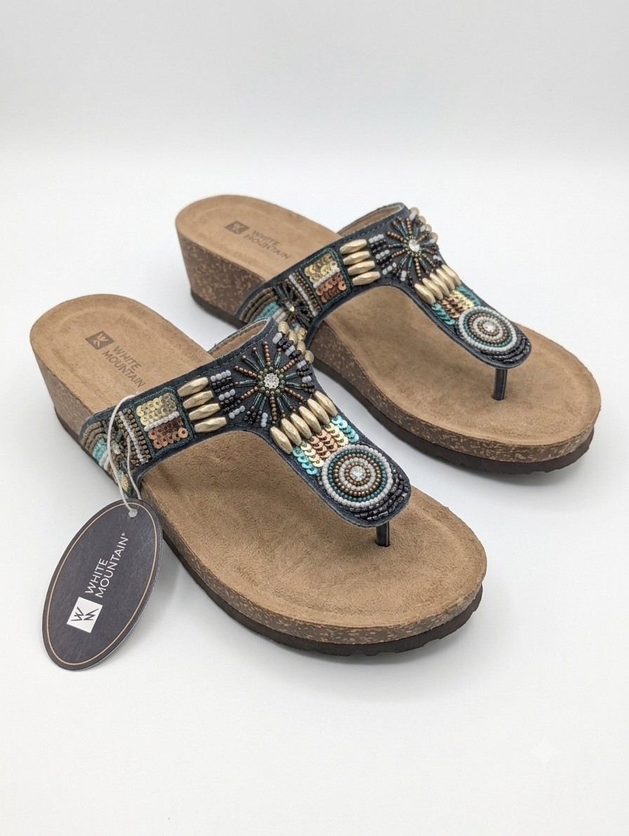 White Mountain Brilliant Beaded Leather Wedge Sandals NWT