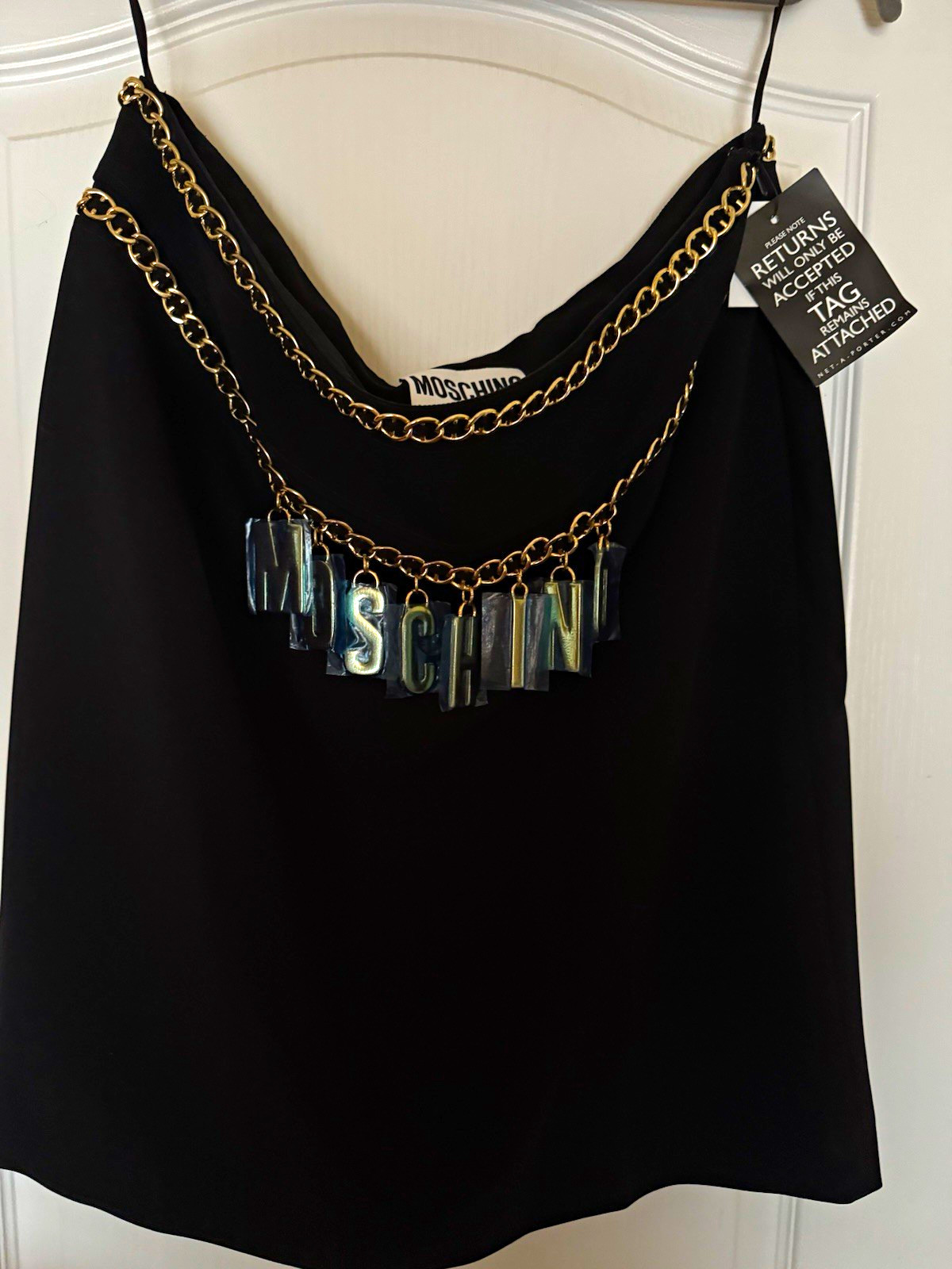 Moschino Couture Black Satin Pencil Skirt Knee Length Gold Chain Logo 14