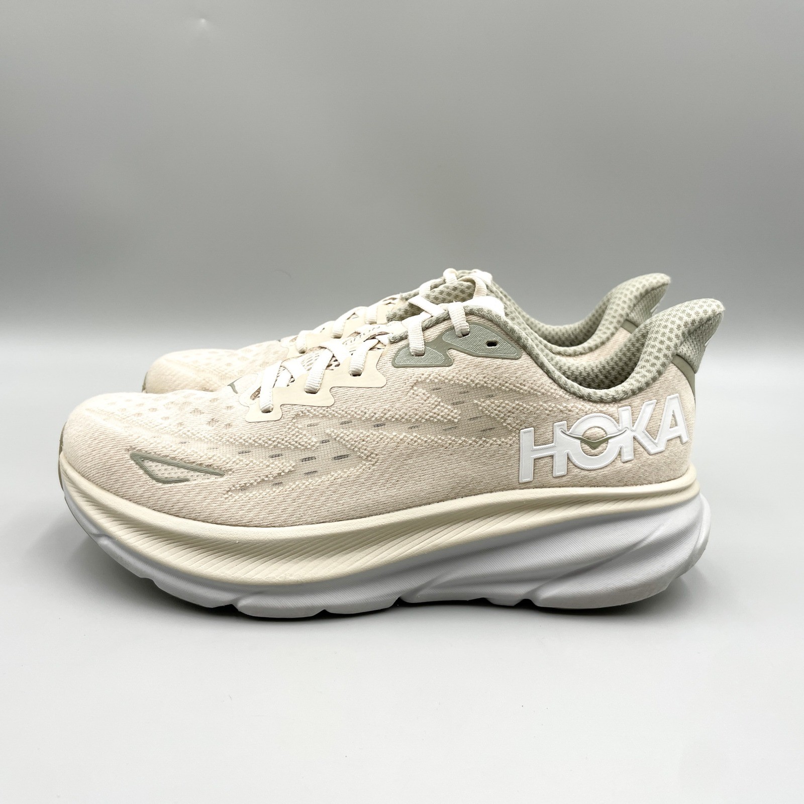 Hoka Clifton 9 Mens 9D Road Running Shoes Oat Milk Barley Chunky Sneaker Gym