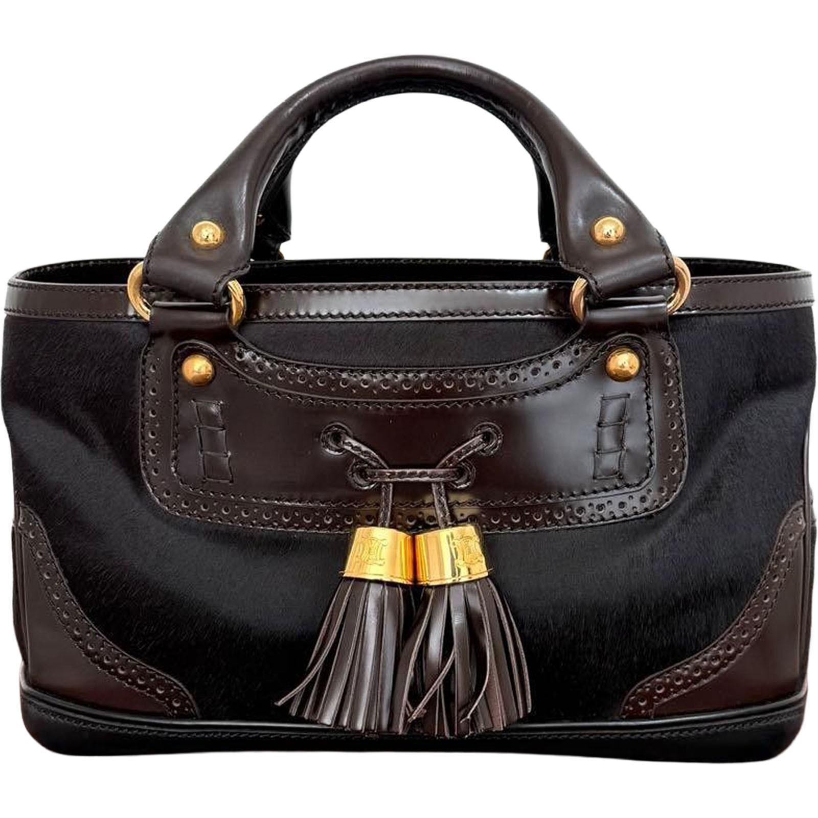 CELINE Boogie Bag Pony Hair Leather Dark Brown Tassel Handbag Vtg Auth Japan