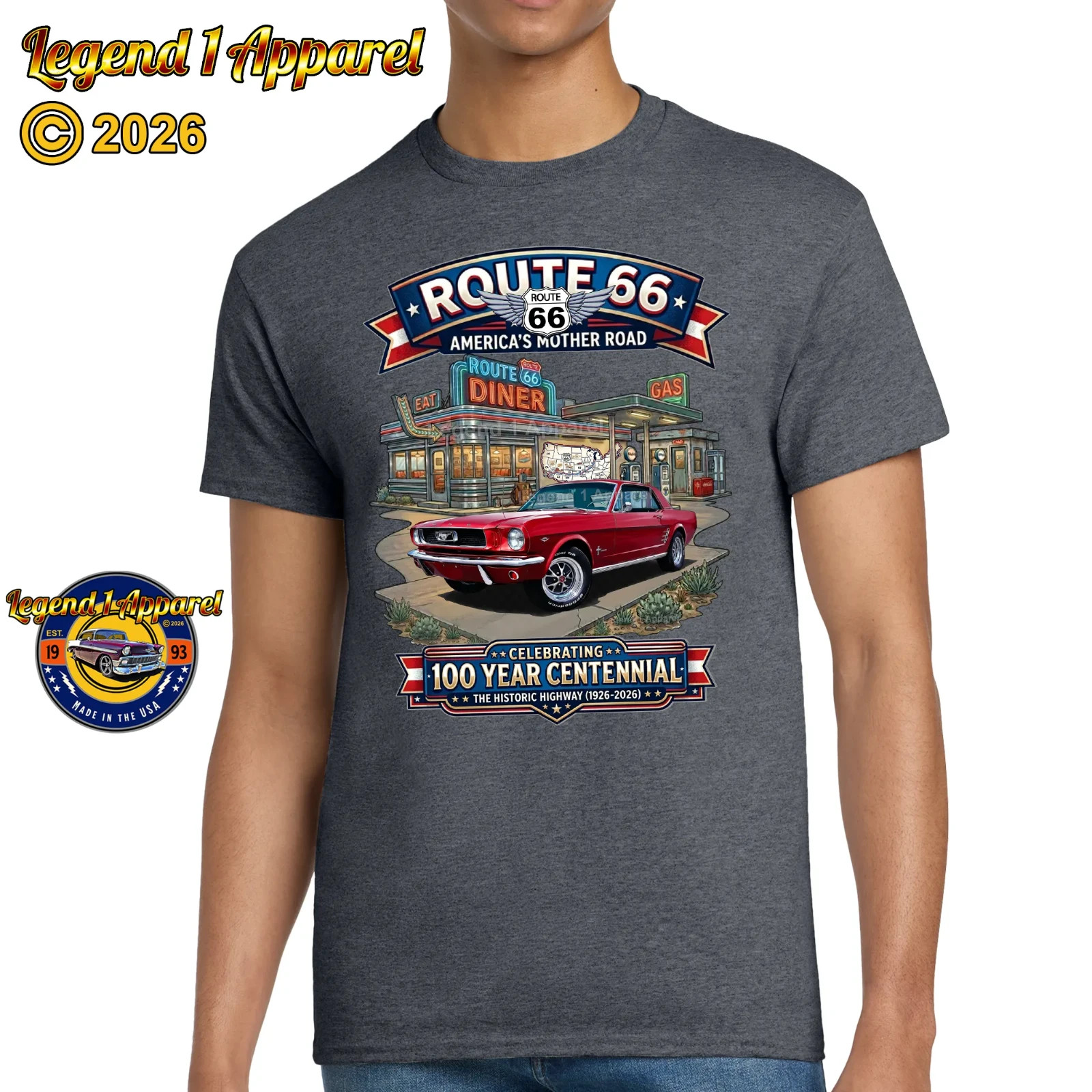 Route 66 100 Year Centennial, 1966 Mustang Hardtop Custom T-Shirt