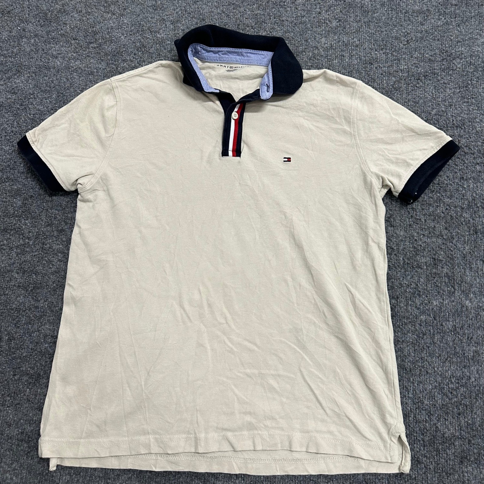 Tommy Hilfiger Polo Mens Size S Beige Navy Contrast Collar Classic Short Sleeve