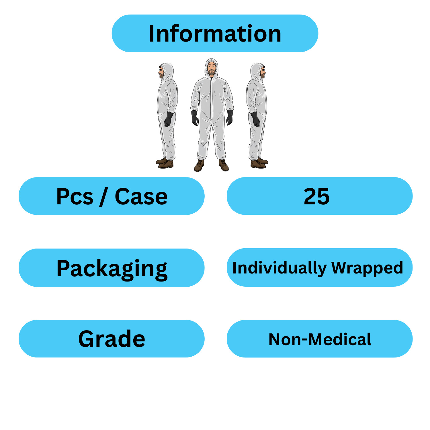 Disposable Polypropylene Coverall with Hood, Elastic Cuffs White, 2XL Size 25Pcs