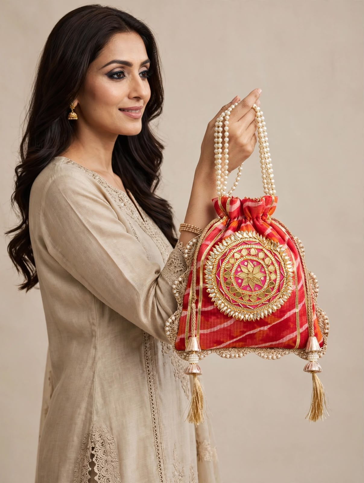 Indian Red Leheriya Gotta Handwork Flower with Pearl Lace and Handle Potli Bag
