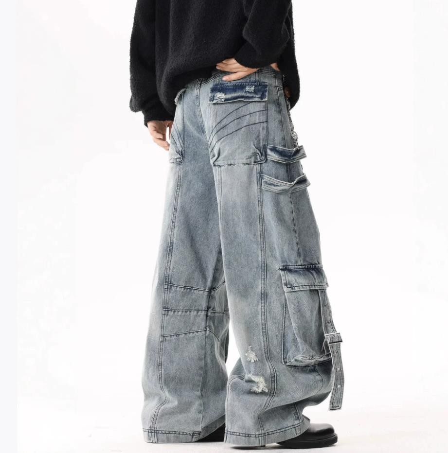 Mens Blue Denim Jeans Straight Wide Leg Casual Punk Hip Hop Pants Ripped Pockets