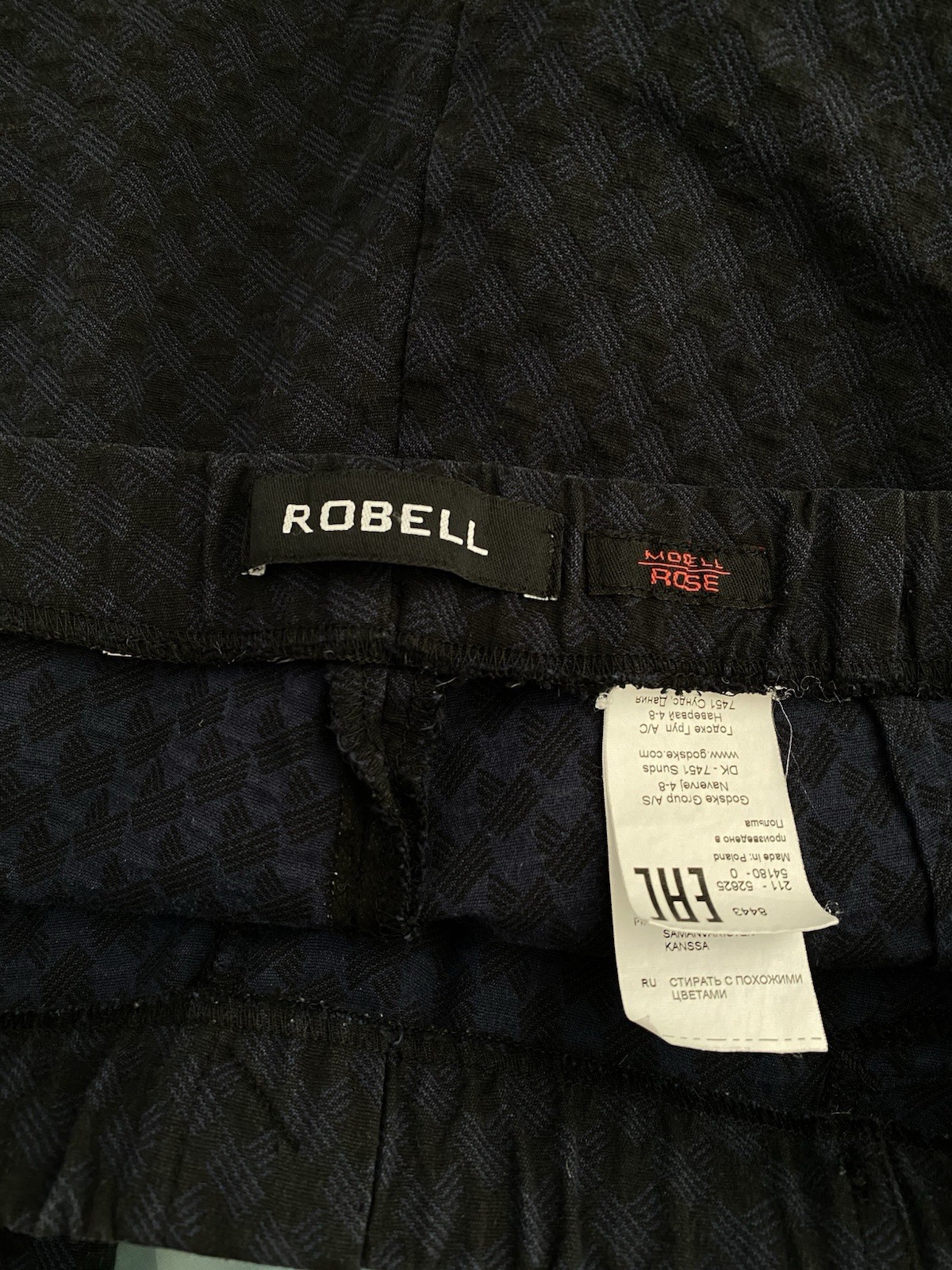 Robell Rose Trousers Size 12 Navy Geometric Pull On Elastic Waist W30 L26