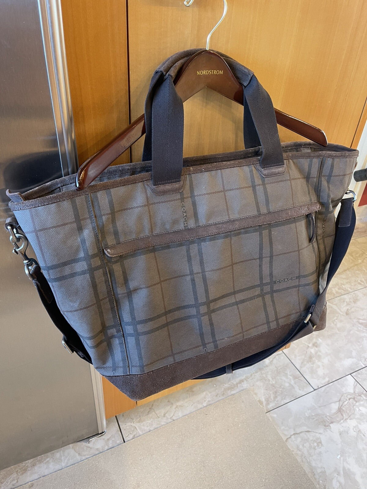 Coach Camden Plaid Fatigue Brown Canvas Tatersall Tote Weekend Travel Bag RARE