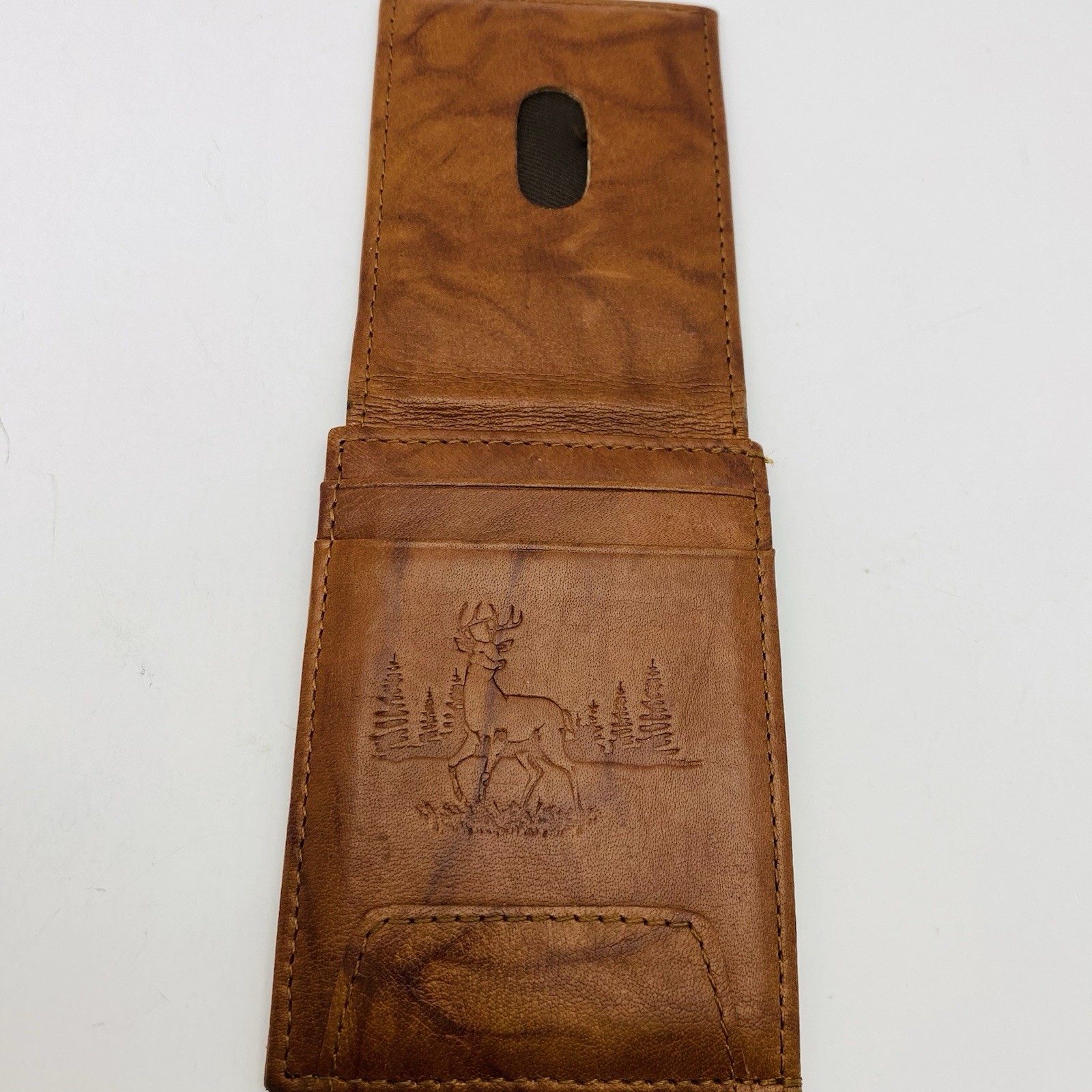 Outdoor Sportsman Buck Deer Scene Brown Money Clip Premium Leather Slim Wallet