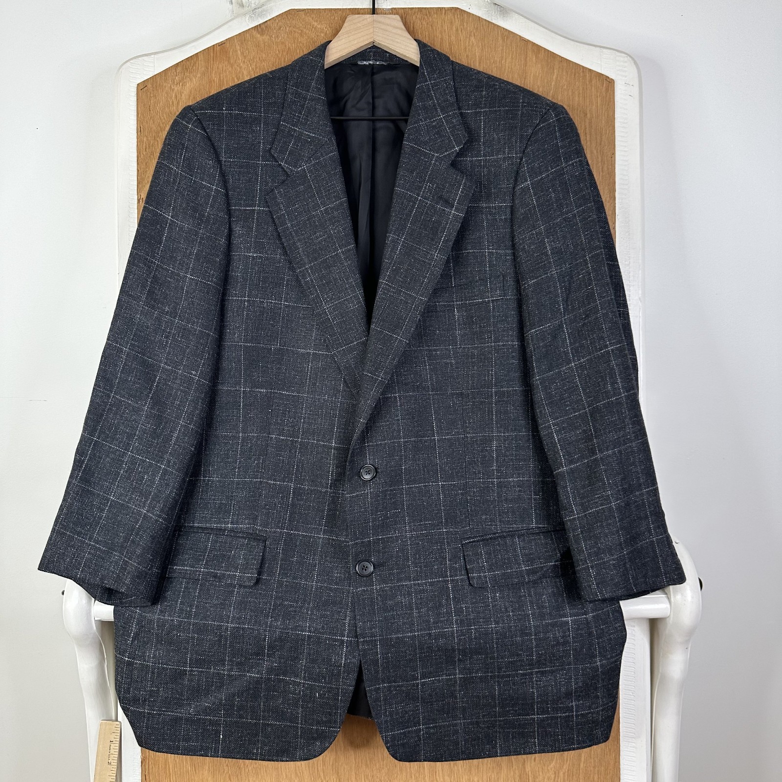 Majer Blazer Mens 44R Gray Windowpane 2 Button Silk Linen Wool Canvased Jacket