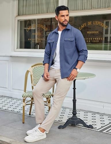 Coofandy Men’s Long Sleeve Button Mens Shirt Jacket Flap Pockets