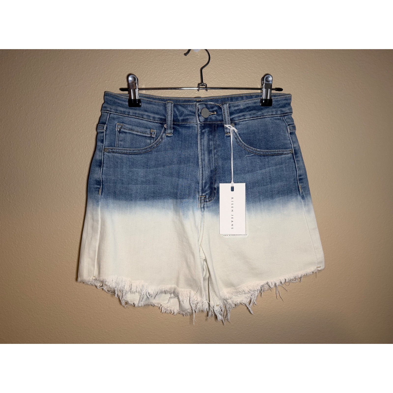 Risen Jeans High Rise Two Tone Ombre Denim Shorts Blue White Frayed Hem M