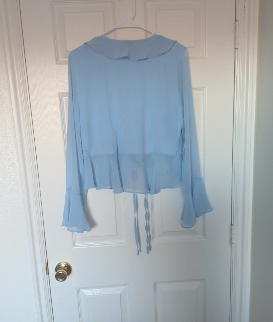 Lulus Blue Chiffon Semi-Sheer Ruffle V-Neck Tie-Front Bell Sleeve Blouse L