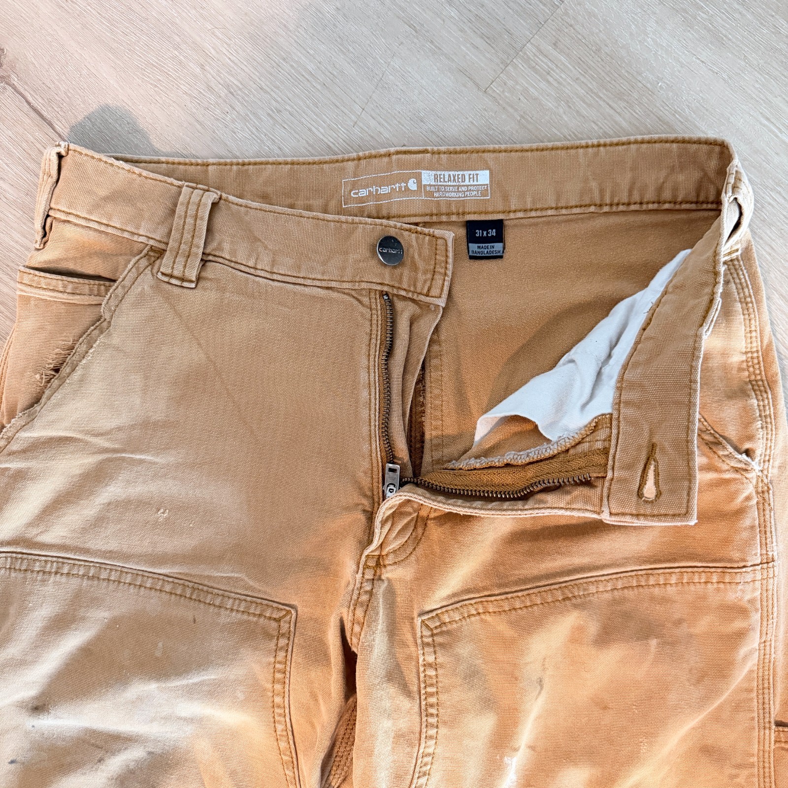 Carhartt 102802 Double Front Duck Utility Work Pants Mens 31×34 Brown Distressed