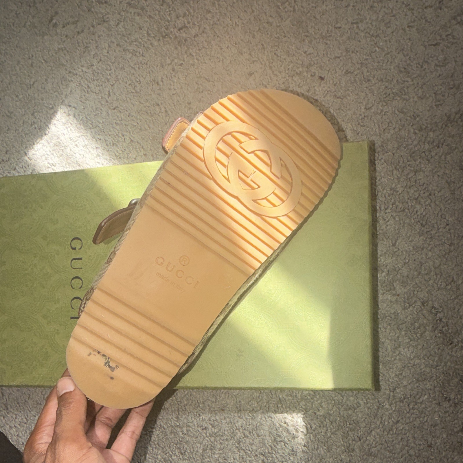 Gucci Men’s US 8 GG Monogram Logo Double Strap Buckle Slide Sandals