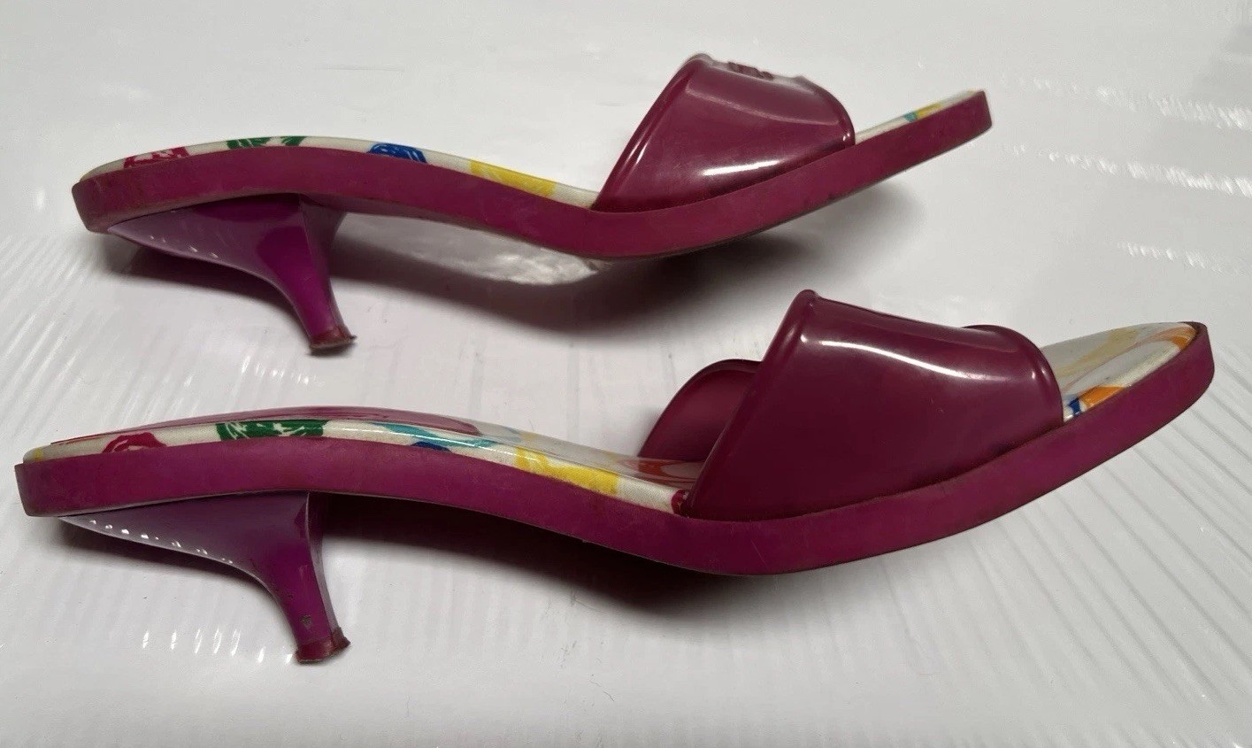 VTG Y2K Coach SCRIBBLE Signature Jelly Pink Kitten Heel Slip On Sandals Size 8