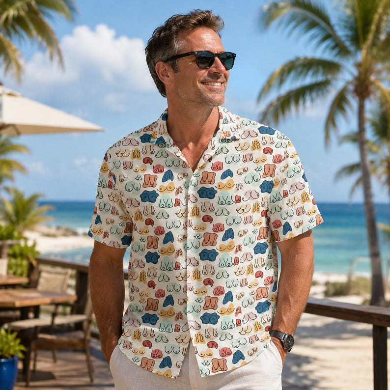 Men’s Novelty Hawaiian Shirt, Abstract Breast Print, Short Sleeve Button Up