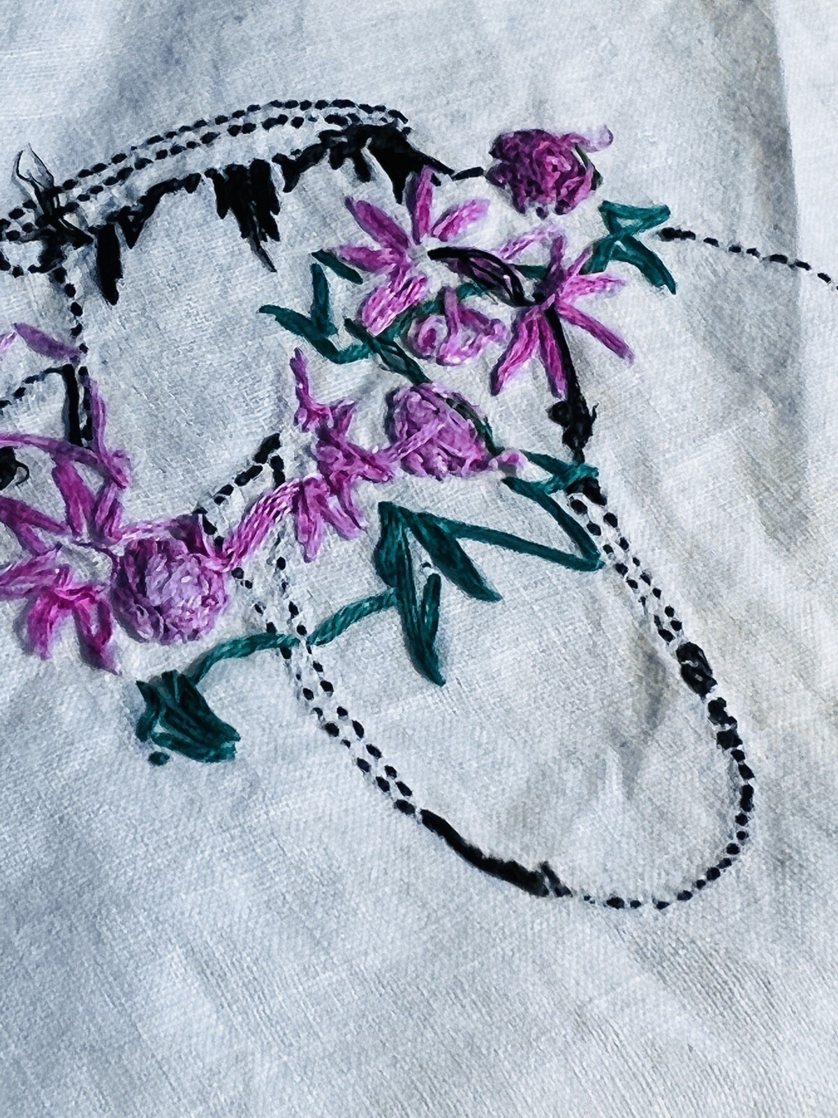 Lace Hand Stitched Handkerchief Lace Basket Of Flowers Tiny Very Light Stain