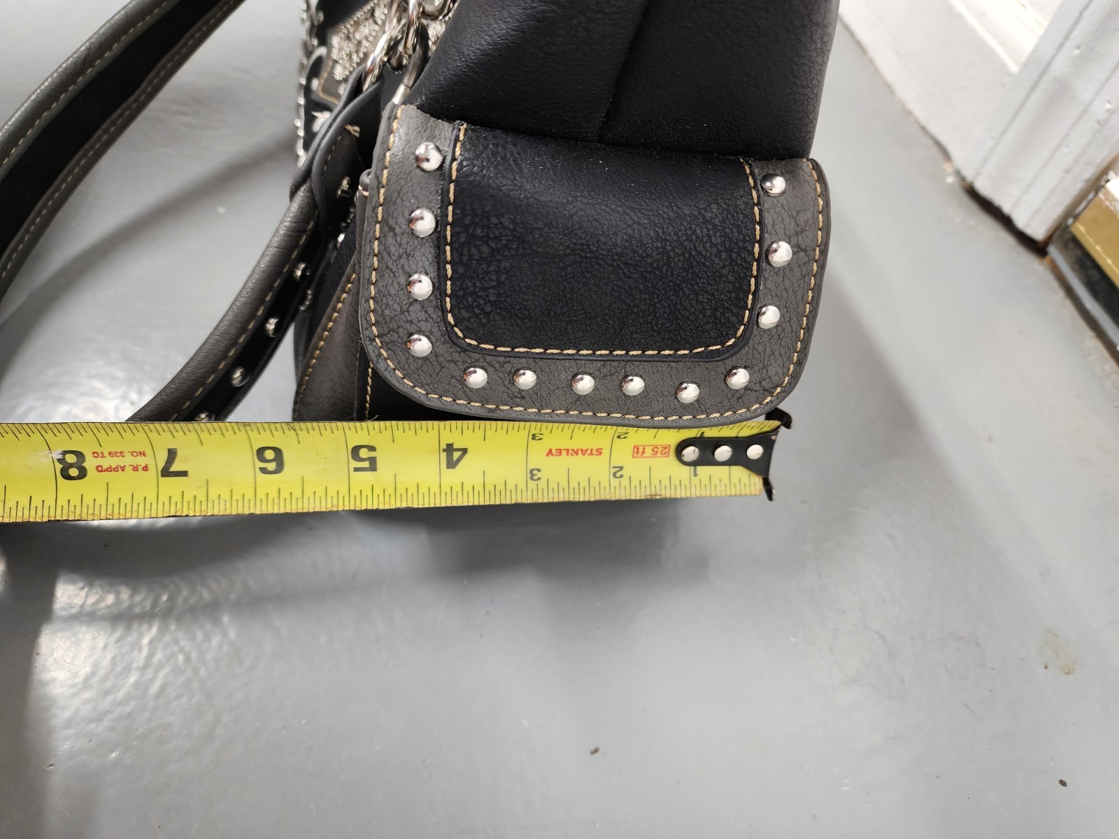 Vintage Y2K Rhinestone Cross Western Gothic Black Leather Handbag Purse
