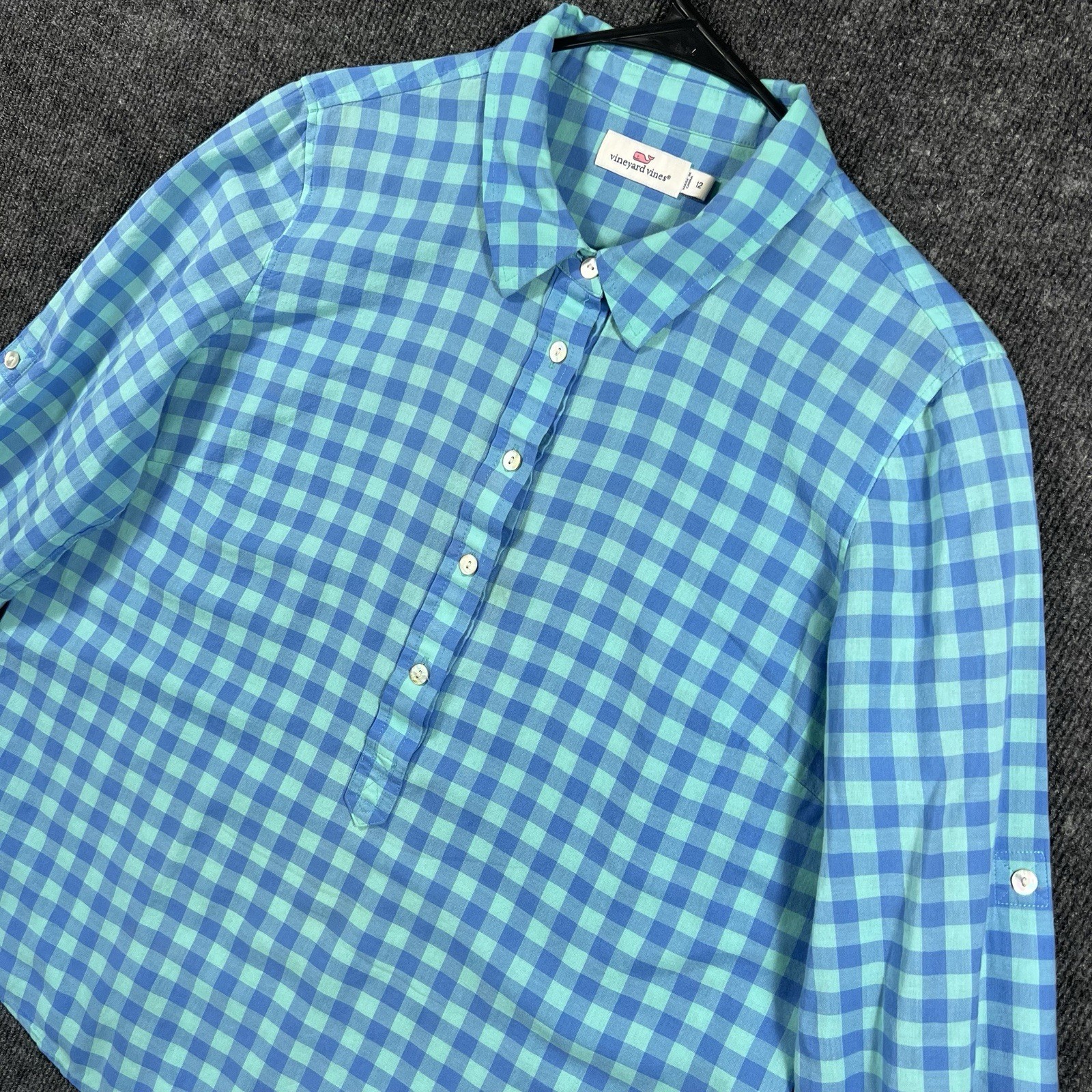 Vineyard Vines Women’s Gingham Popover Shirt Size 12 Turquoise/Blue Check