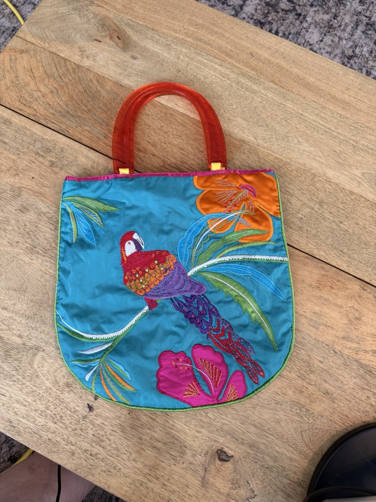 Accessorize Handbag Embroidered Parrot Tropical Dbl Plastic Handles 11.5” Square