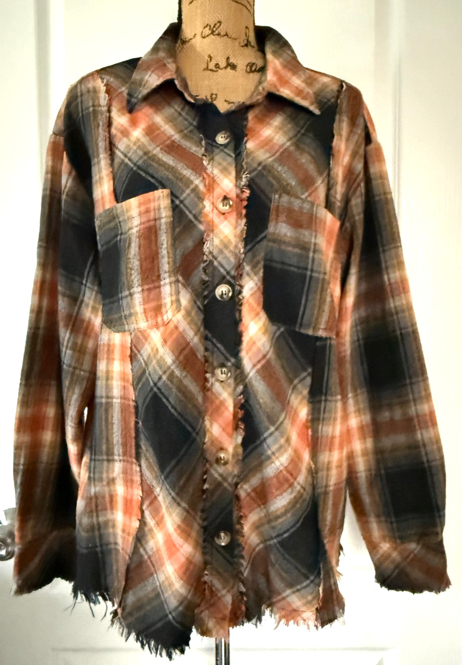 Umgee Button Up Long Sleeve Flannel Brown Plaid Distressed Fringe Boho XL