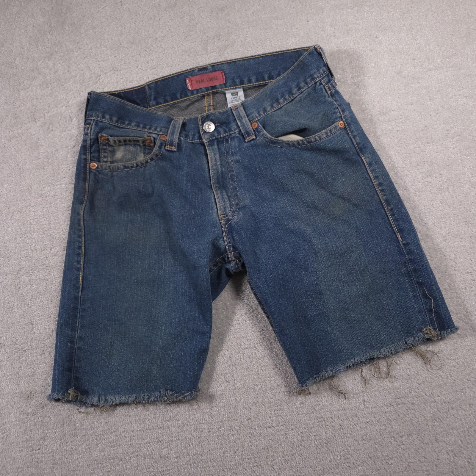 Levis Type 1 REAL LOOSE Shorts Mens 34 Blue Denim Cutoff Frayed Distressed Raw