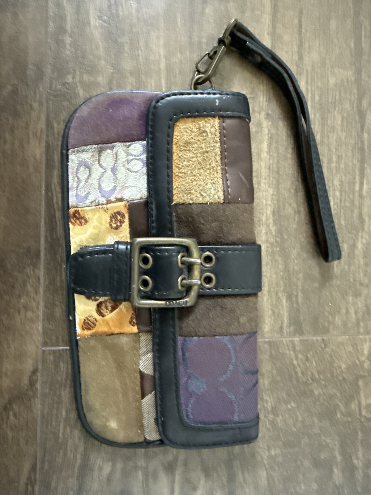 Coach Patchwork Signature Logo Zip Wristlet Wallet, Brown Purple Beige Gold