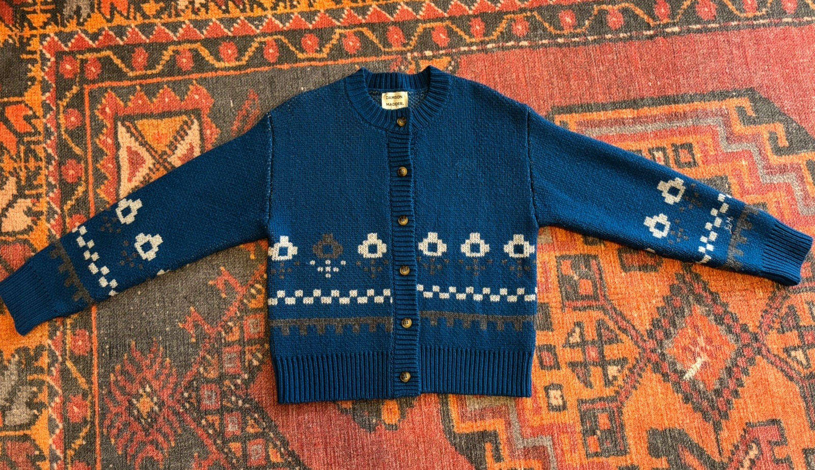 Damson Madder Romily cardigan blue with intarsia squirrel