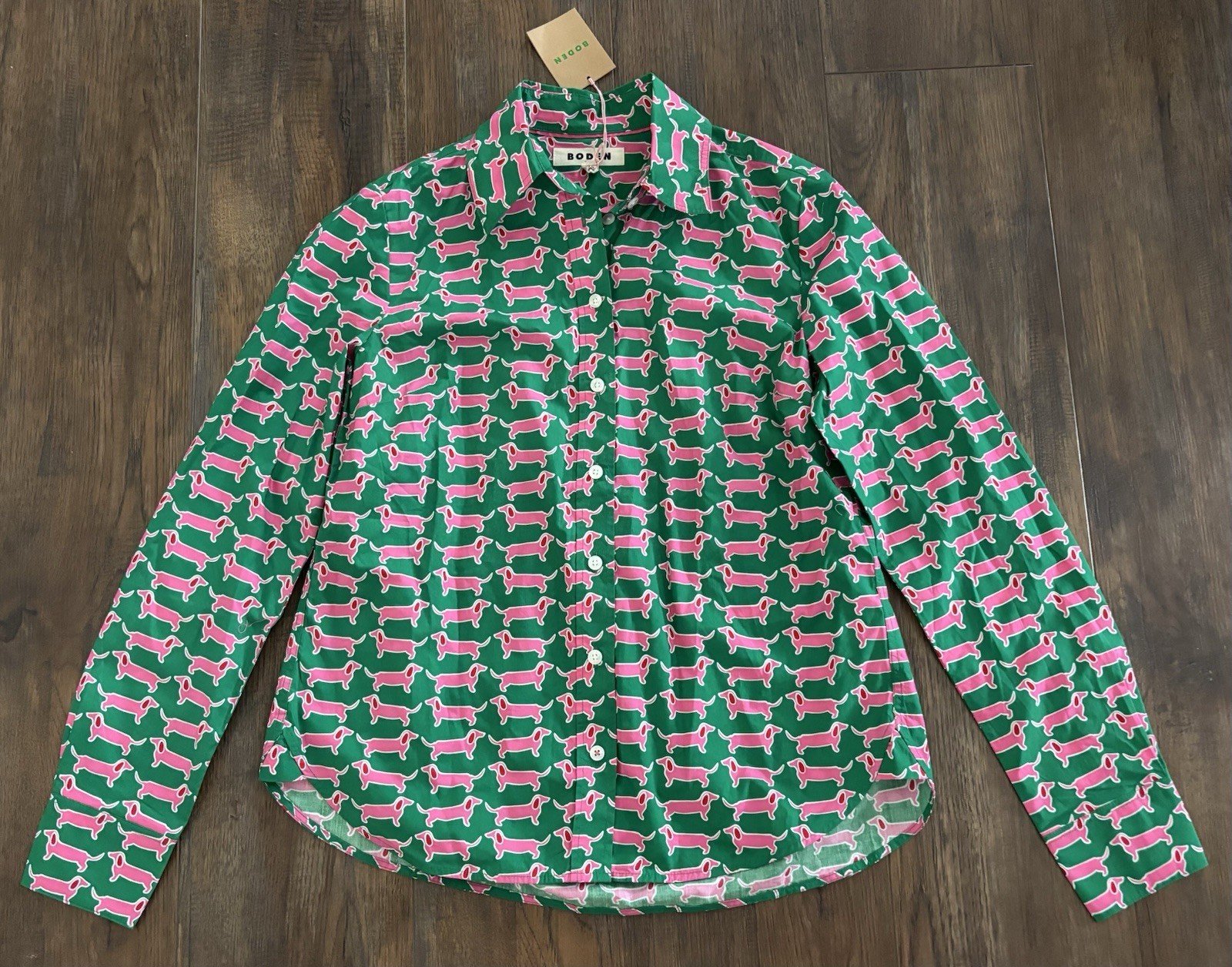 Boden Sienna Cotton Button Up Shirt Dachshund Wiener Dog Lovers Green US 6 NWT