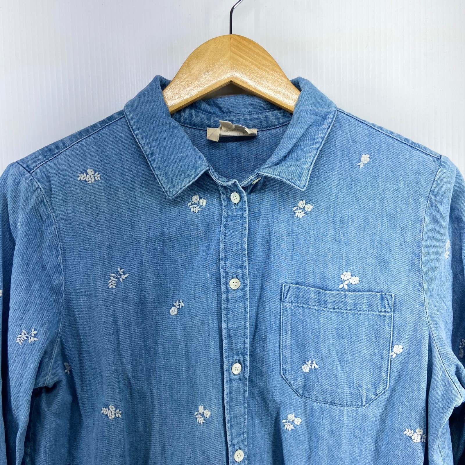 Sezane Tomboy Shirt Embroidered Blue Denim Chambray Long Sleeve Women EU 36 US 4