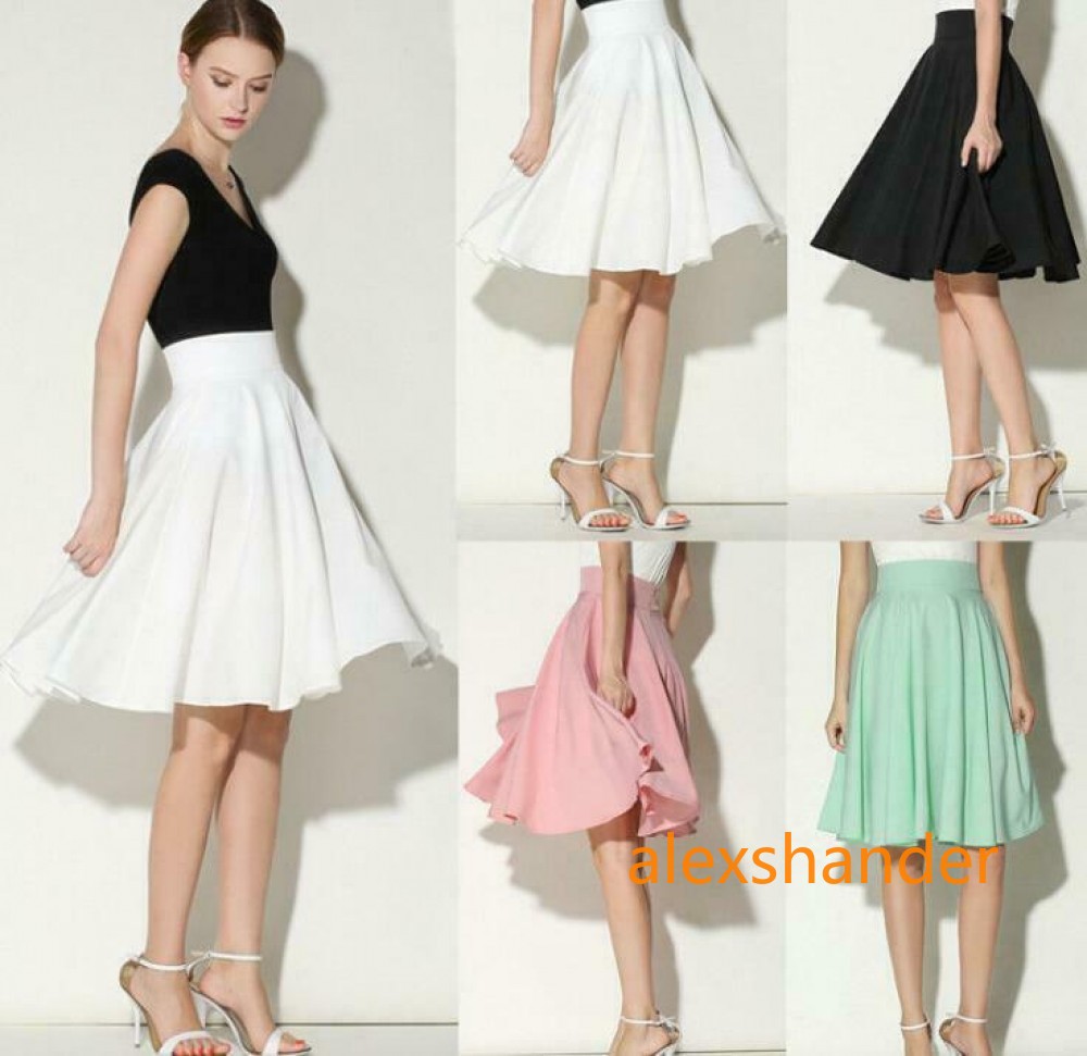 New Women Midi Flared Knee Length Skater Skirt Ladies Stretch Office Work Skirt