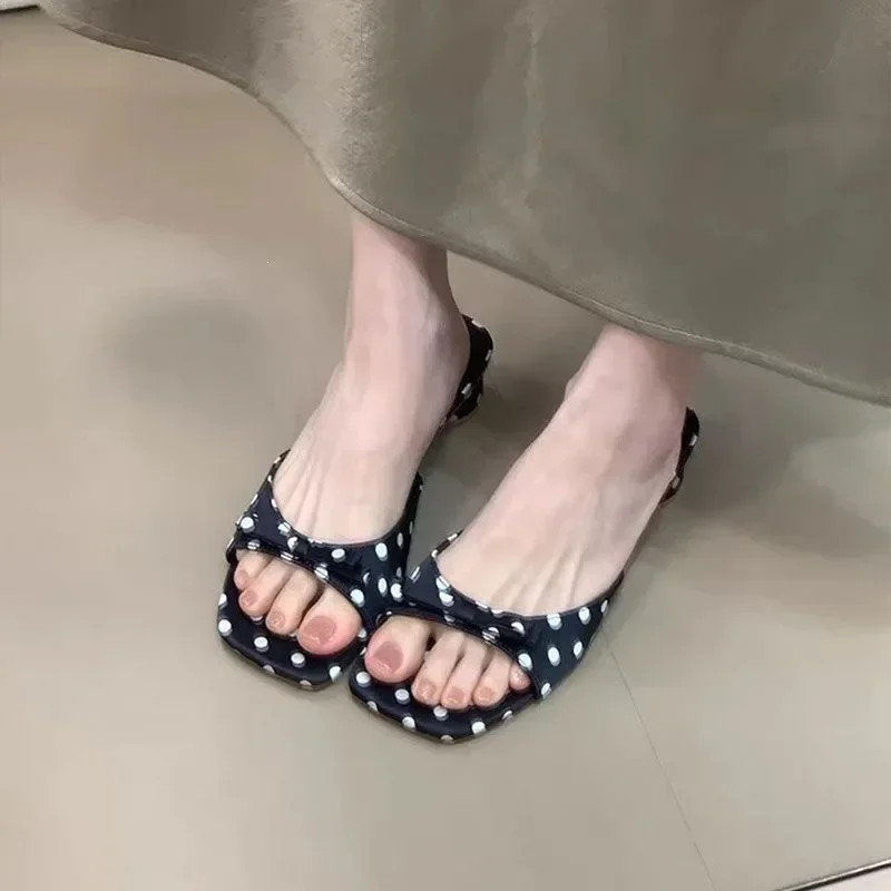 Gladiator Women Polka Dot Slippers Summer Thick Heel Mules Shoes Elegant Butter