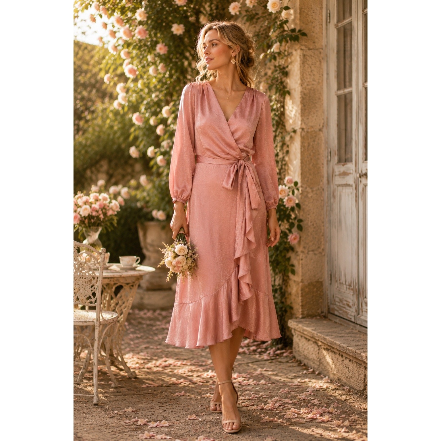 Gal Meets Glam Pink Satin Wrap Ruffle Midi Dress Romantic Wedding Guest Size 4