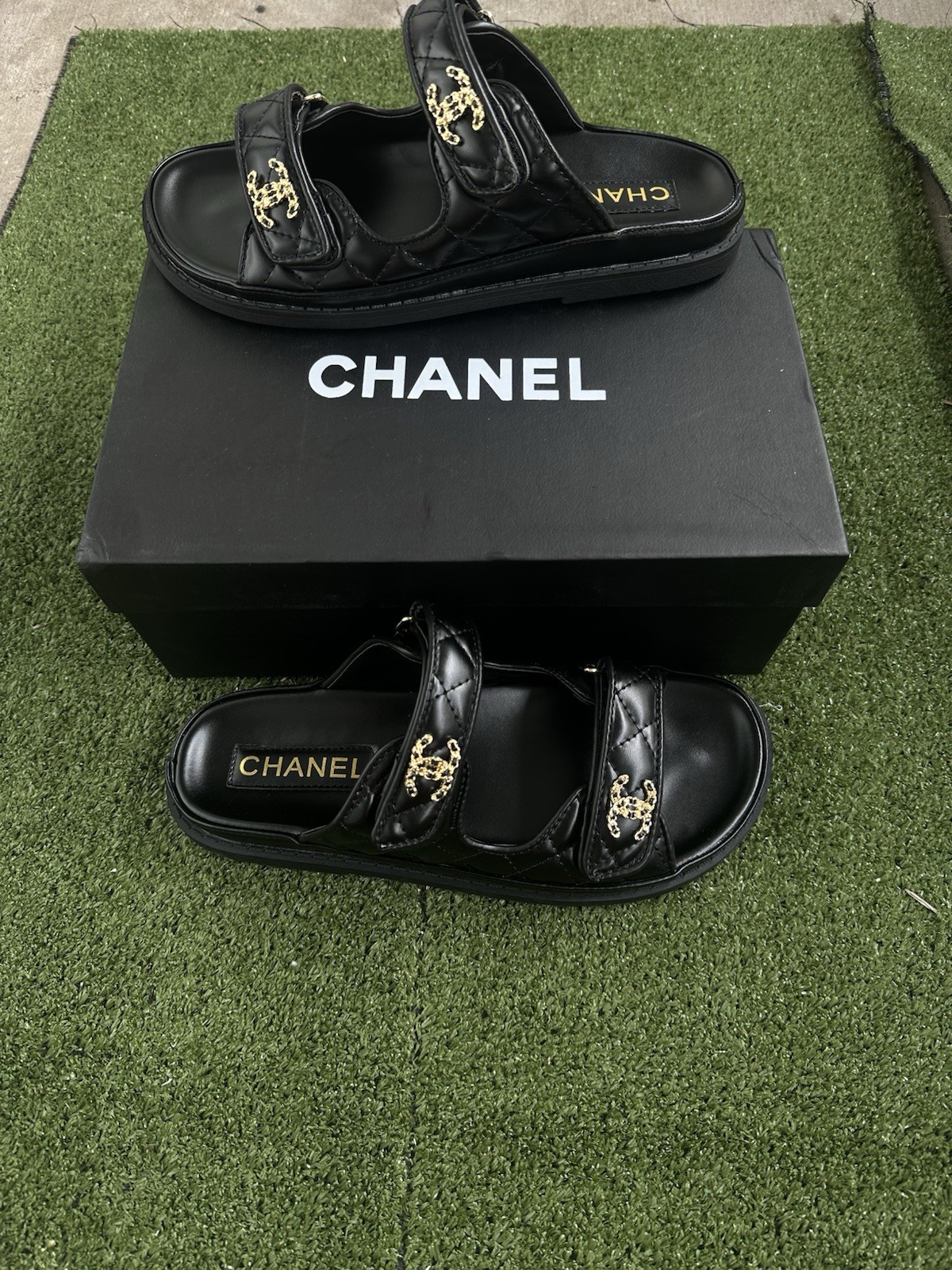 Chanel Black Quilted Leather Sandals CC Logo Double Strap Women’s Size 8