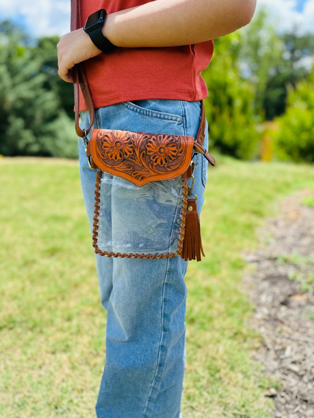 Tooled Leather Flap Clear Western Cowgirl Transparent Concert Stadium Purse Bag