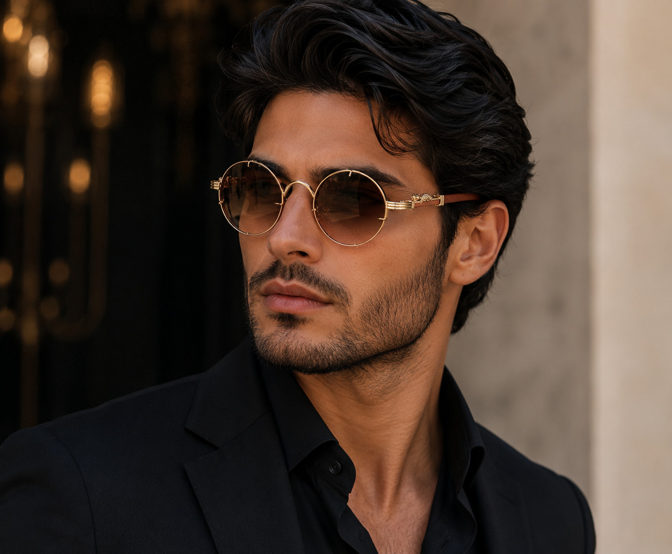 Luxury Unisex Round Sunglasses Gold Metal Frame Gradient Lenses Leopard Detail