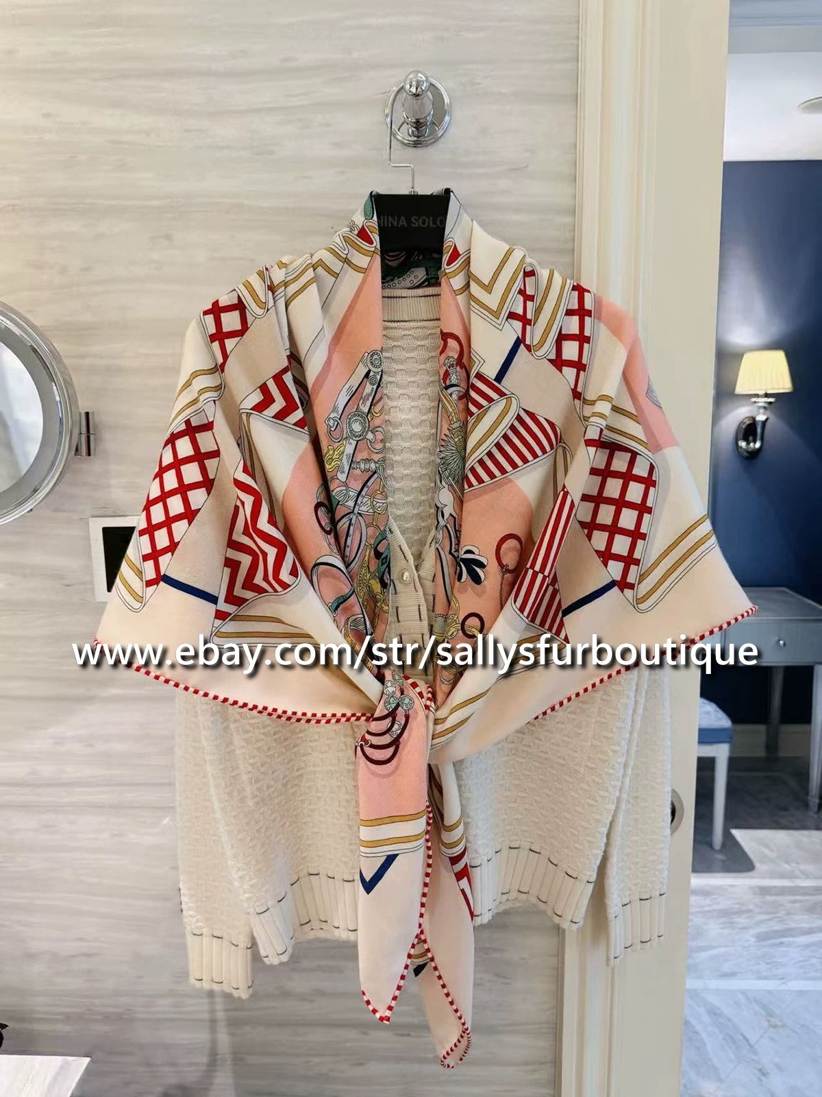 Sallys 70% Cashmere 30% Silk Wrap Scarf Geometric Print Double Face Shawl 53″