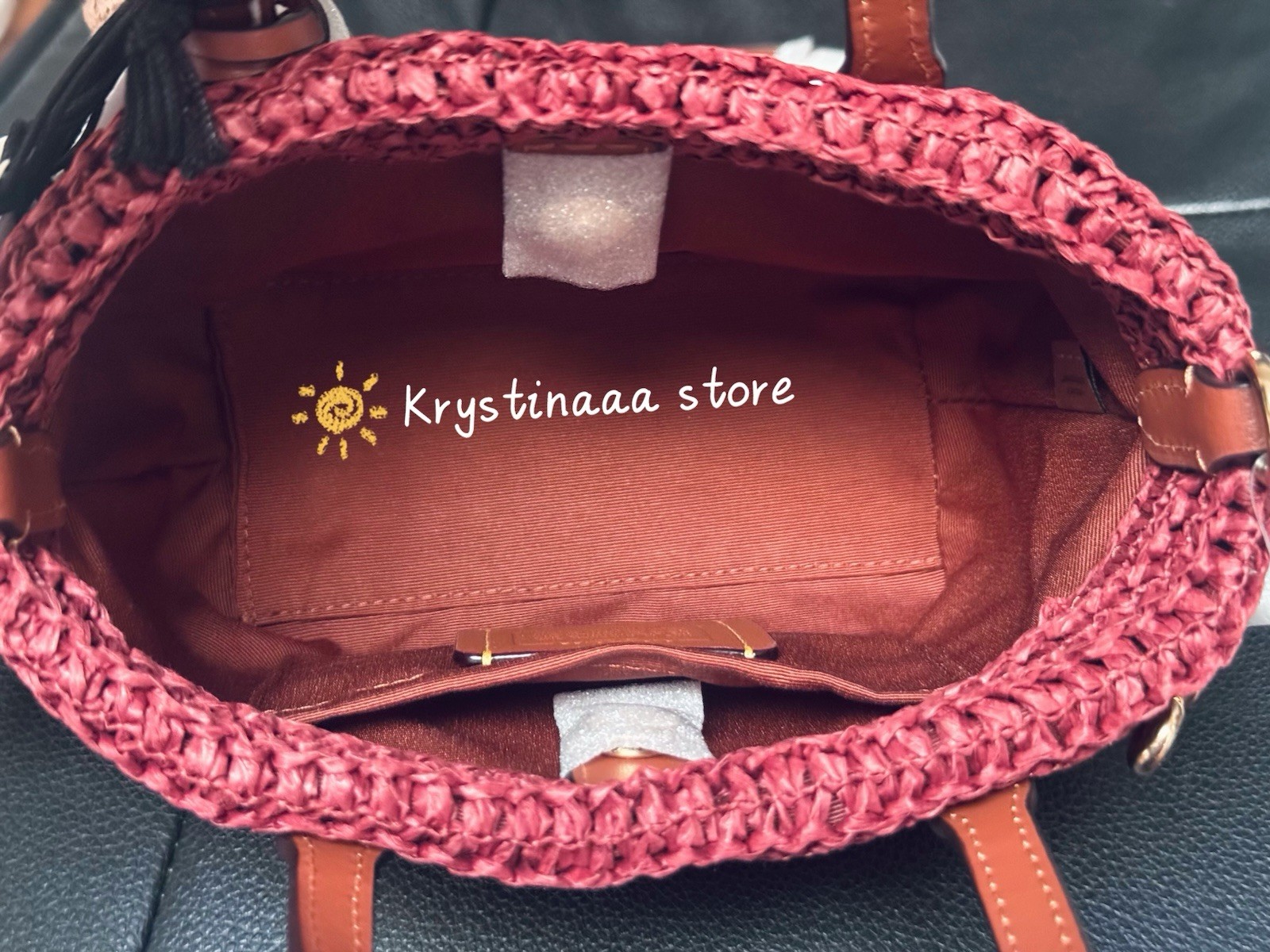 NWT Coach CEU30 City Mini Tote Bag With Charms in straw & Leather Gold/Russet