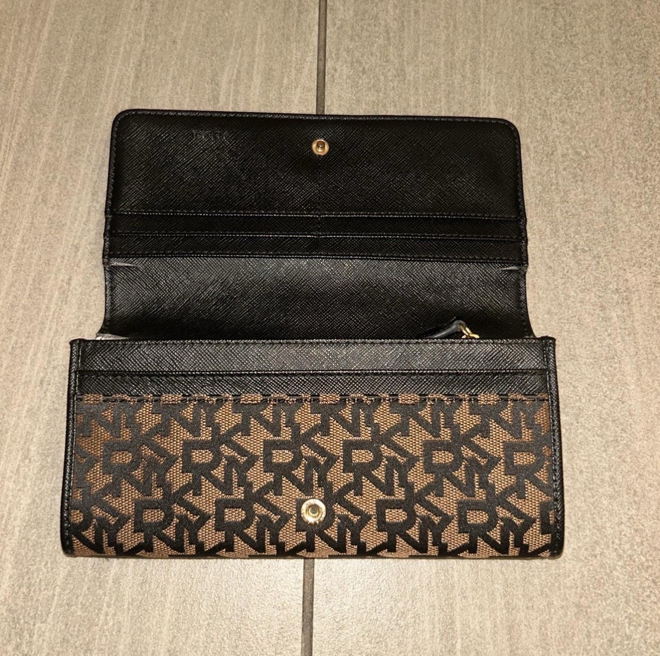 DKNY Brown & Black Logo Monogram Snap Wallet w/ Zip Coin Pocket, Credit Card