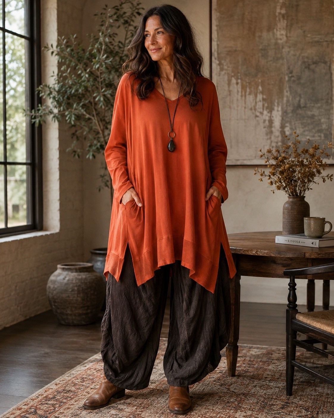 Aria Handmade 2XL Burnt Orange Lagenlook Oversized Tunic Top Cotton Boho Pockets