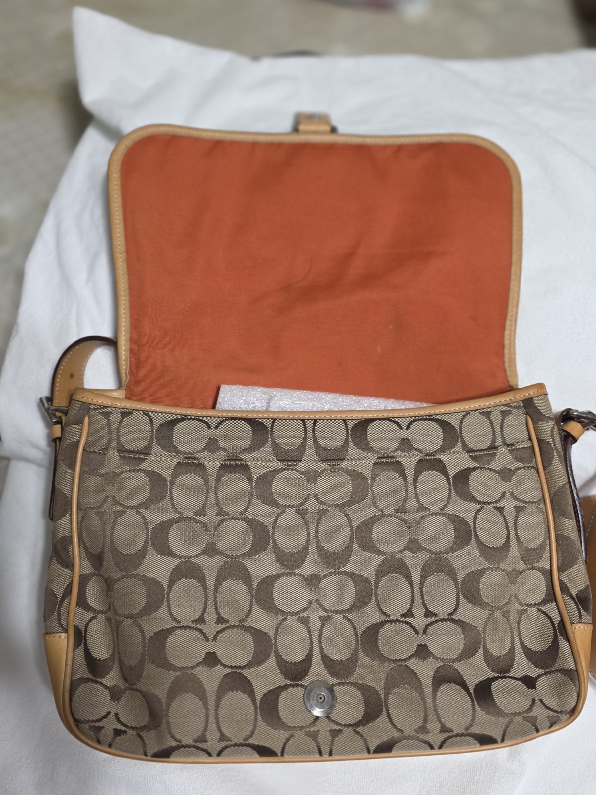 Coach Signature Monogram Crossbody Bag Buckle & Magnetic Closure Beige Brown