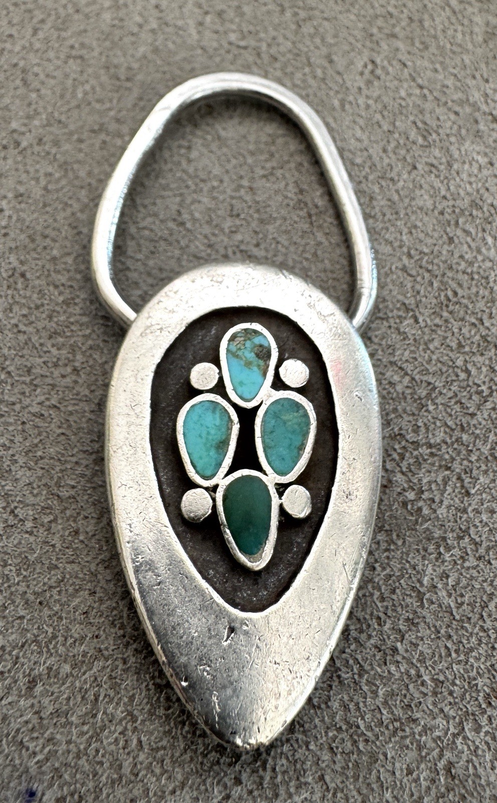 Vintage Navajo STERLING Silver Turquoise Shadowbox KEY RING Southwestern 2.25″