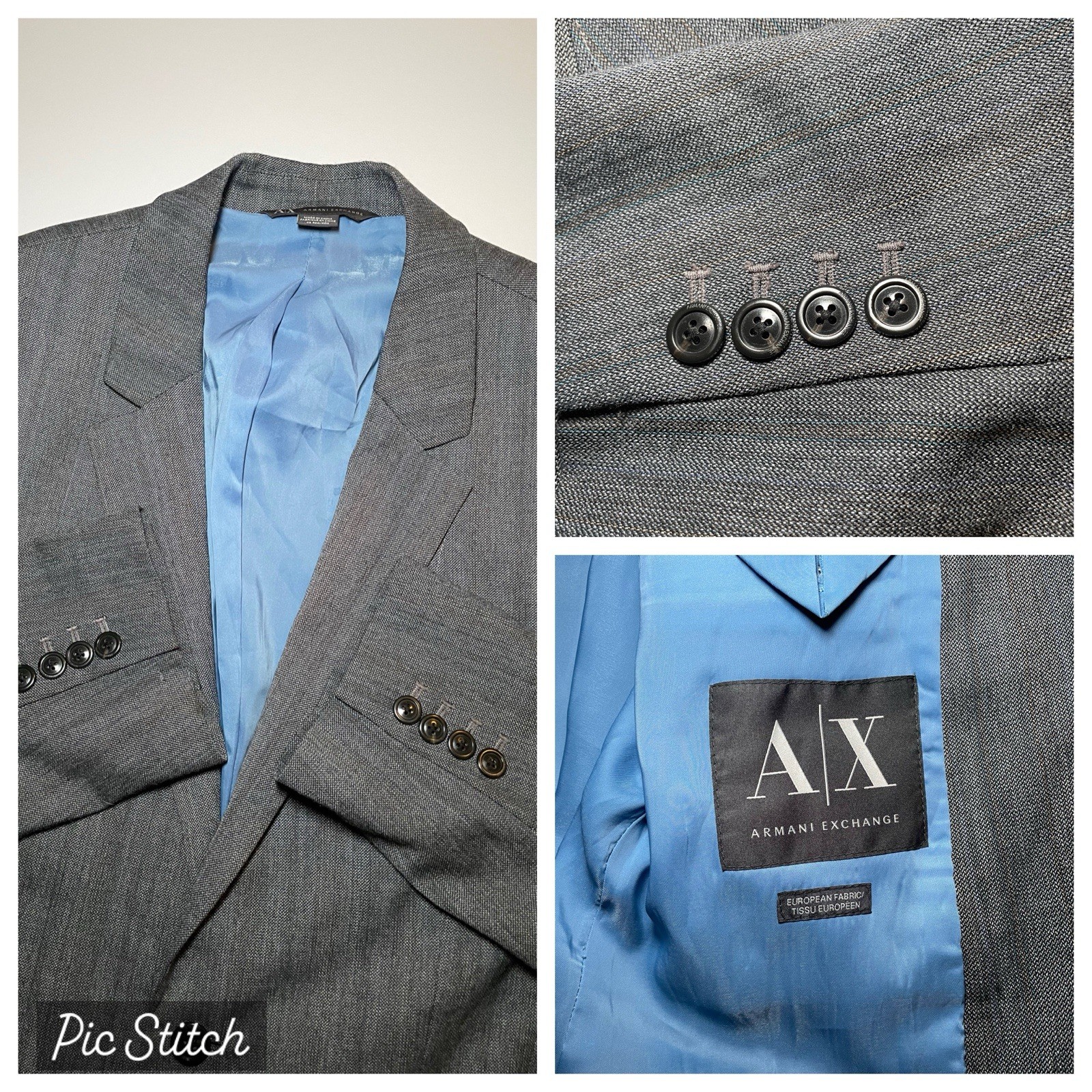 Armani Exchange Blazer Jacket Mens 46R Grey Blue Pinstripe Wool Blend Holiday